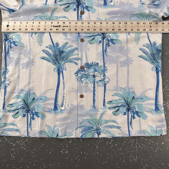 Tommy Bahama Silk Shirt Men XL White Navy Blue Palm Trees Camp Hawaiian EUC - Picture 4 of 7